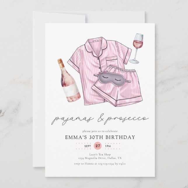 Pajamas Prosecco PJ Party  Rosa 30års födelsedag Inbjudningar (Framsida)