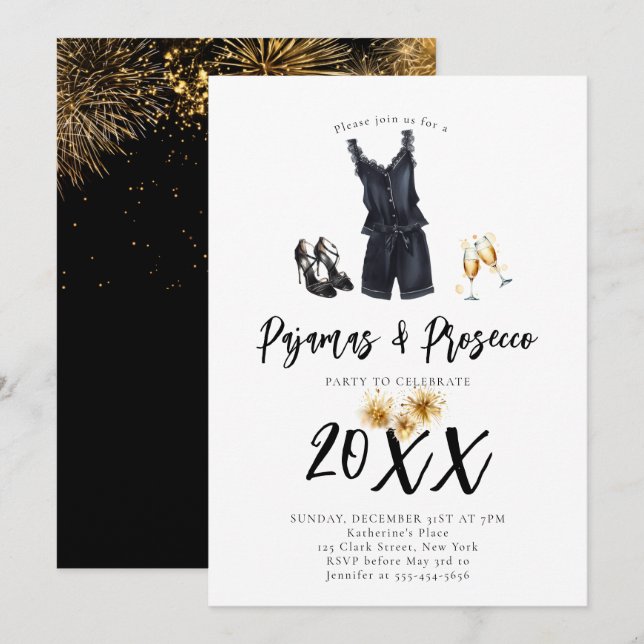 Pajamas Prosecco PJ Slumber Black, nyår Party Inbjudningar (Fram/baksida)