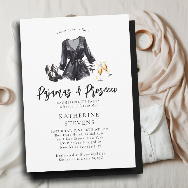 Pajamas Prosecco PJs Chic Black Bachelorette Party Inbjudningar (pajama pj lingerie bachelorette party invitation black night robe champagne pajamas prosecco elegant)