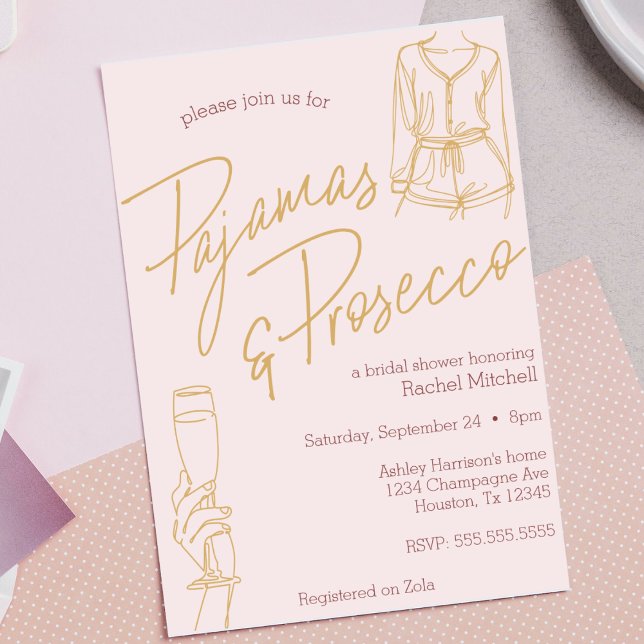 Pajamas & Prosecco Rosa Möhippa/Lingerie Shower Inbjudningar (pajamas and prosecco bridal shower invitation pjs and Prosecco bachelorette party pink girls night )