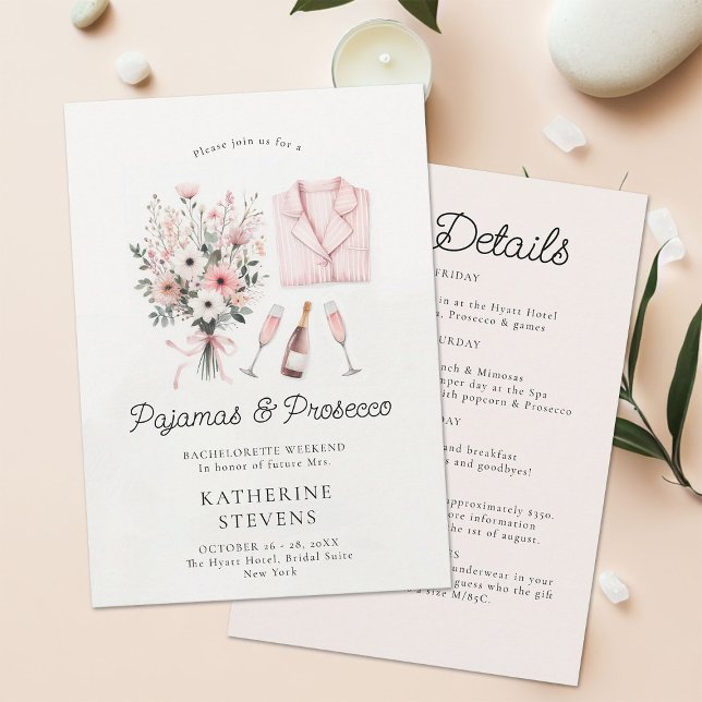 Pajamas Prosecco Vild Flora Bachelorette Itinerary Inbjudningar (pajamas prosecco bachelorette itinerary invitation champagne wildflowers lingerie pj elegant classy )