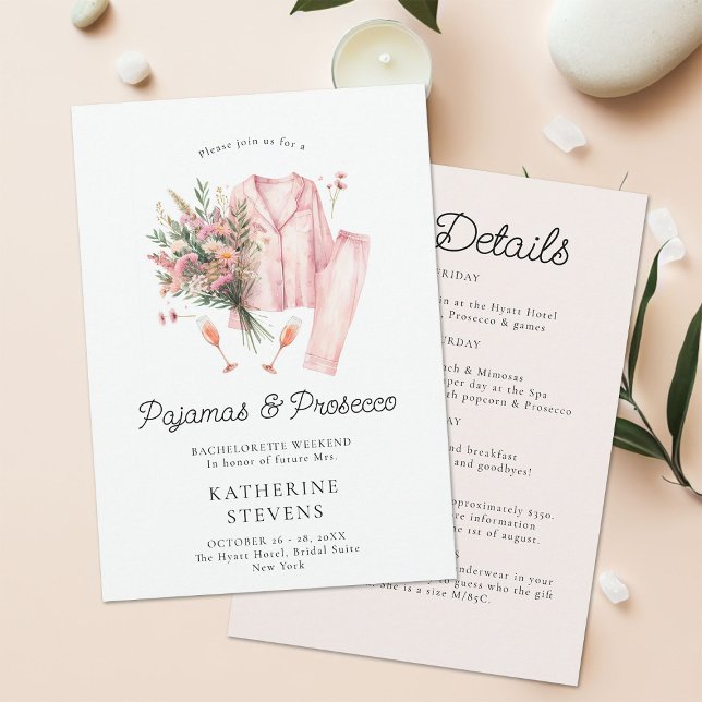 Pajamas Prosecco WildblomBachelorette Itinerary Inbjudningar (pajamas prosecco bachelorette itinerary invitation champagne wildflowers lingerie pj elegant classy )