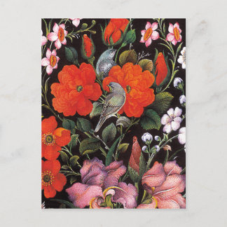 Pájaros en flores rojas arte oriental elegante vykort