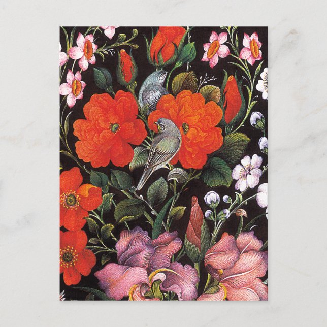 Pájaros en flores rojas arte oriental elegante vykort (Framsida)