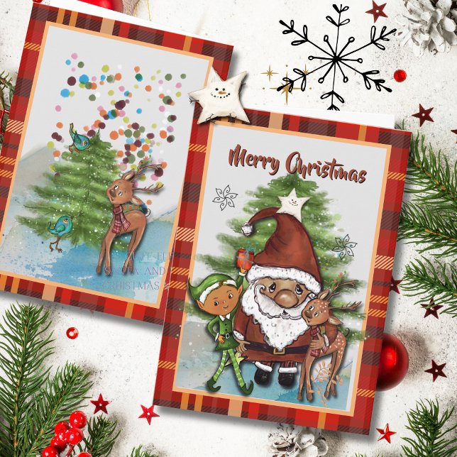 Pajasant, hjort & tomte pojke Plaid jul Helgkort (Whimsical Santa, Deer & Elf Boy Plaid Christmas Holiday Card)