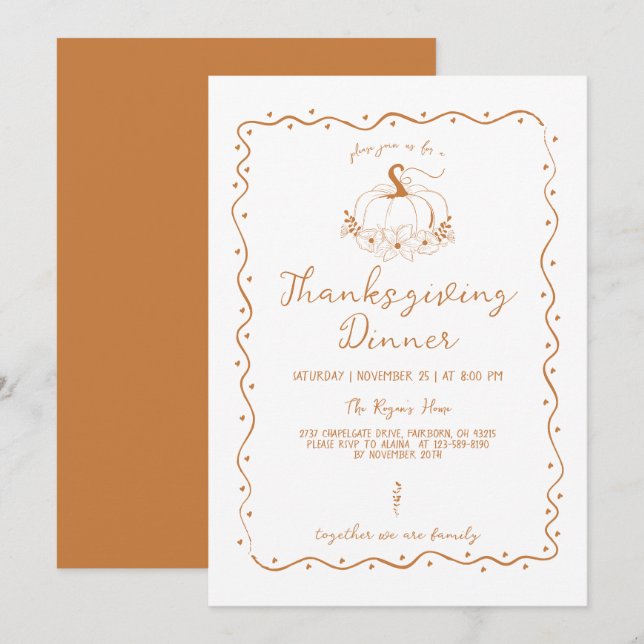 Pajastecknad Handritad Pumpa Thanksgiving Inbjudningar (Fram/baksida)