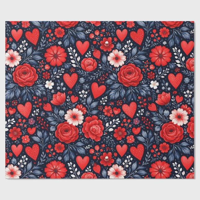 Pajasthjärter och blommor presentpapper (Platt)