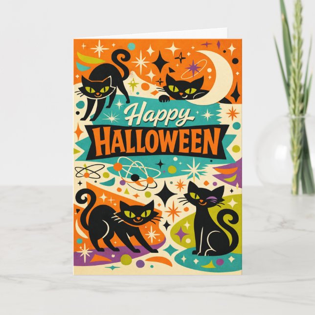 Pajasvart Katt Atomåldern Halloween Kort (Framsida)