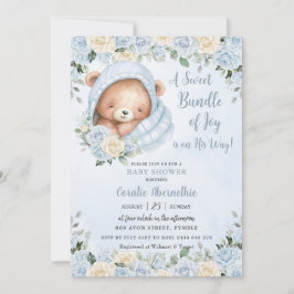 Paket med Joy Bear Blue Blommigt Boy Shower Inbjudningar