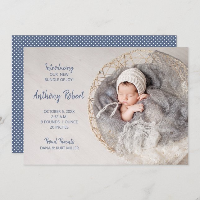 Paketet Joy Pojke Photo Tillkännagivande för födel (Fram/baksida)