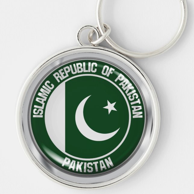 Pakistan Round Emblem Rund Silverfärgad Nyckelring (Framsidan)