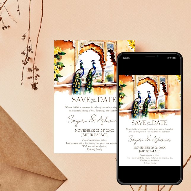 Palatset Indisk bröllop spara datum (Jaipur) Inbjudningar (Indian wedding Save the date Jaipur palace with peacocks editable template invitation  download)