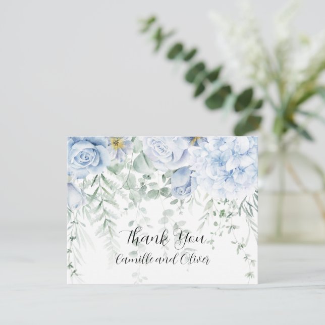 Pale Blåa och Vita Rosor Blommig Tacksamhetskort Tack Kort (Stående Fram)