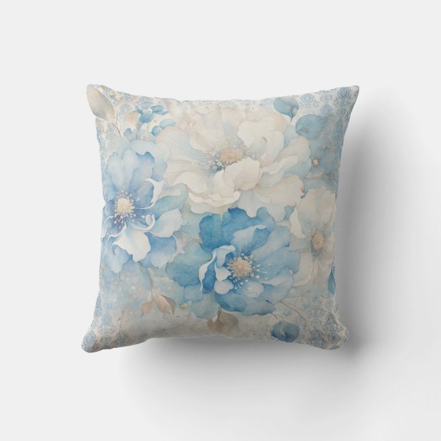 Pale Blue and White Floral Kudde (Baksida)