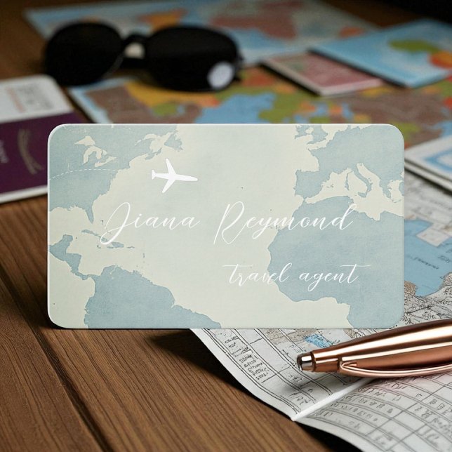 Pale Blue Business Card  with World Map and Plane Visitkort (Skapare uppladdad)