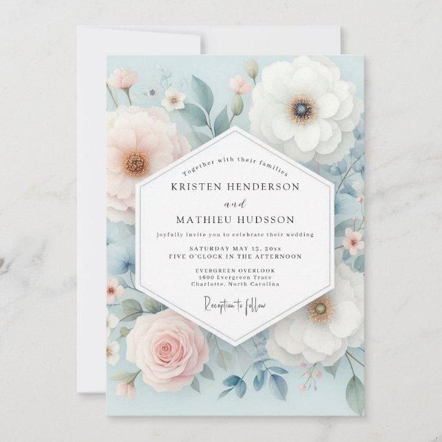 Pale Blue Floral Whimsy Wedding Inbjudningar (Framsida)