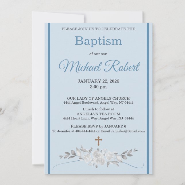 Pale Blue Stripe Floral Watercolor Cross Baptism Inbjudningar (Framsida)