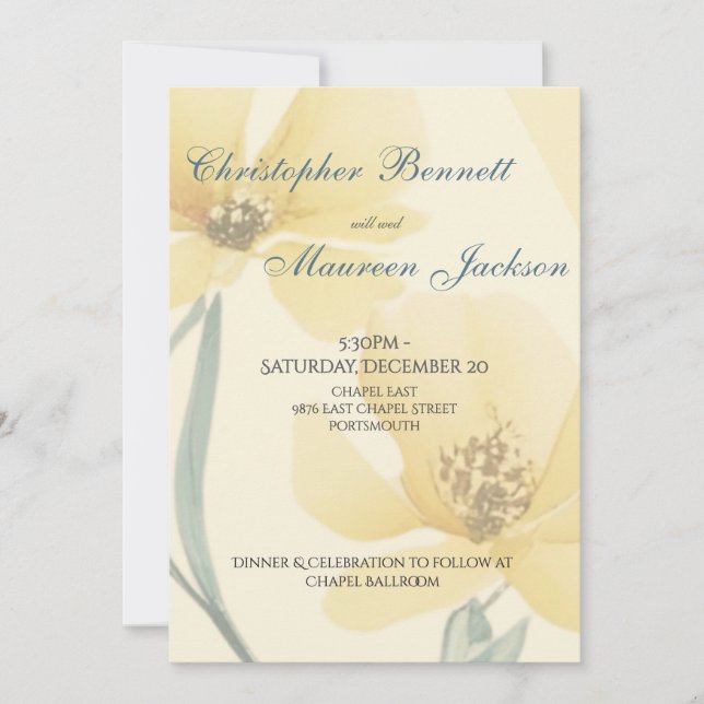 Pale Butter Yellow Soft Blue Floral Wedding Inbjudningar (Framsida)
