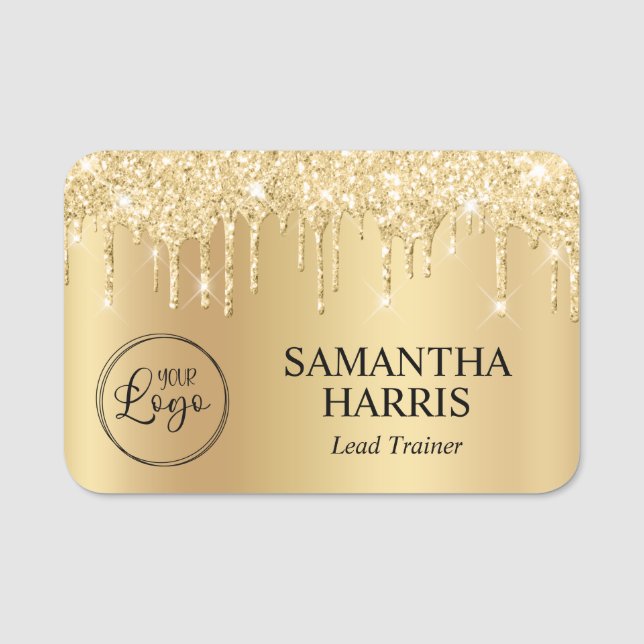 Pale Gold Glitter Drips Shimmer Namnbricka (Framsida)