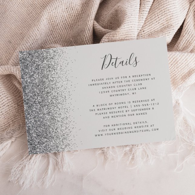 Pale grå silver glitter kant bröllopsdetaljer tilläggskort (Skapare uppladdad)