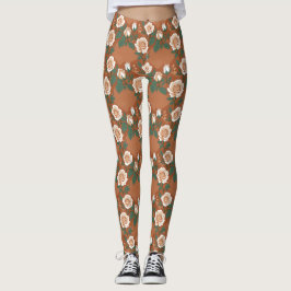 Pale Green And Cream Roses On A Warm Terracotta  Leggings