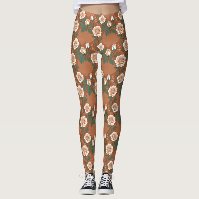 Pale Green And Cream Roses On A Warm Terracotta  Leggings (Framsida)