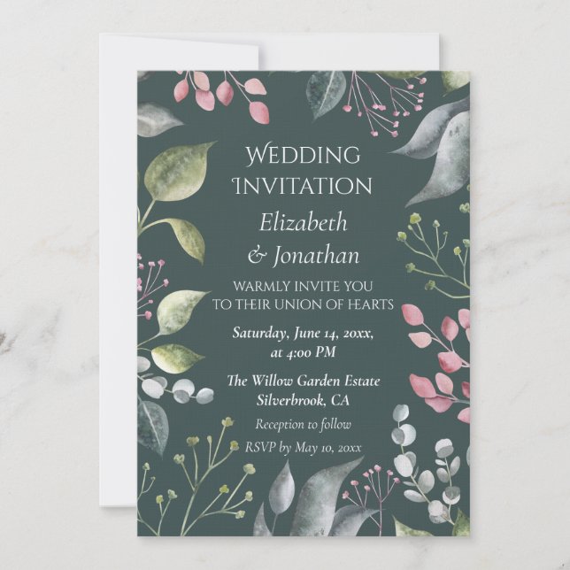 Pale Grey & Red Leaves Custom Wedding Invitation Inbjudningar (Framsida)