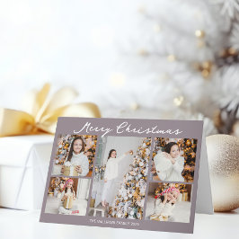 Pale Mauve Merry Christmas Photo Collage Trendy Helgkort