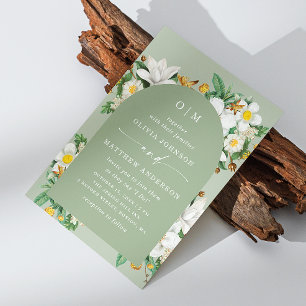 Pale Moss Floral Bröllop Sage Grön Båge + QR Inbjudningar