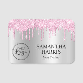 Pale Pink Glitter Drips Silver Shimmer Namnbricka