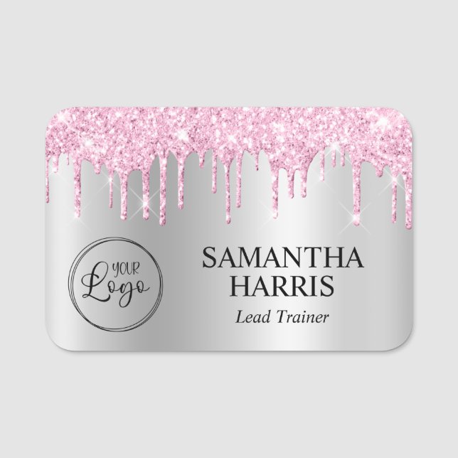 Pale Pink Glitter Drips Silver Shimmer Namnbricka (Framsida)