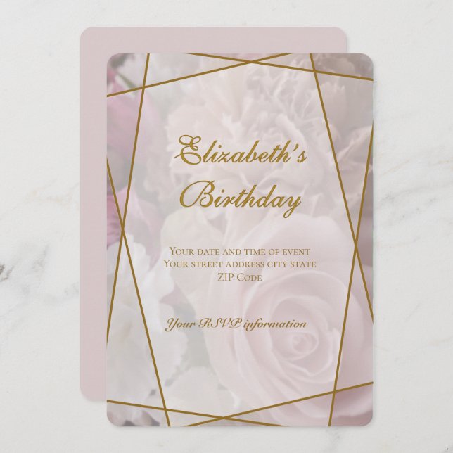 Pale Pink Rose Birthday Invitation Card Tack Kort (Fram/baksida)