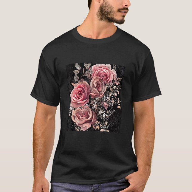 Pale Pink Roses with Delicate Vines Rustic Floral T Shirt (Framsida)