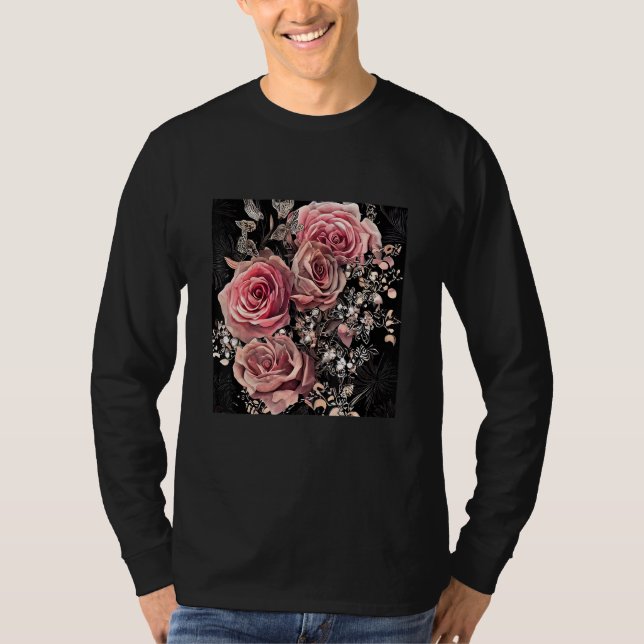 Pale Pink Roses with Delicate Vines Rustic Floral T Shirt (Framsida)