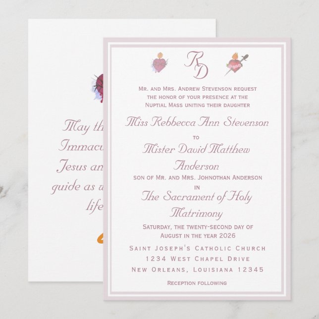 Pale PinkTwo Hearts Catholic Wedding Invitation Inbjudningar (Fram/baksida)