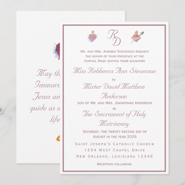 Pale PinkTwo Hearts Catholic Wedding Invitation Inbjudningar (Fram/baksida)