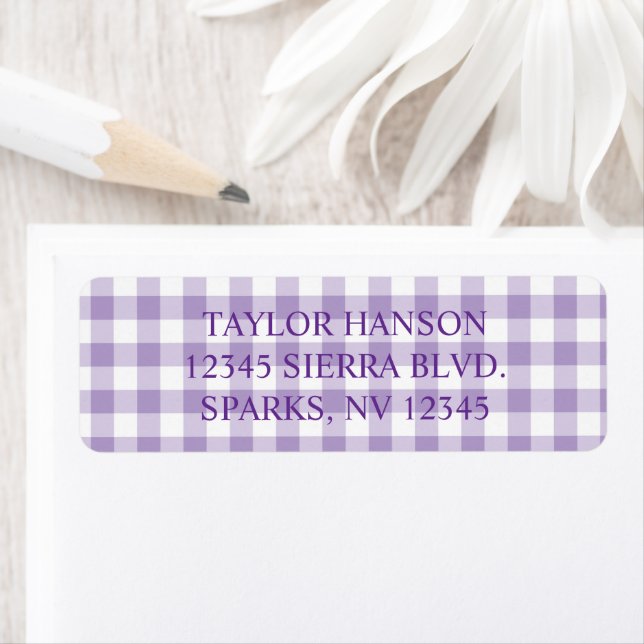 Pale Purple Farmhouse Gingham Plaid Returadress Etikett (Insitu)