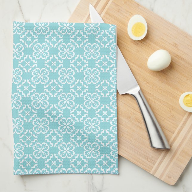 Pale Robin's Egg Blue & White Floral Lattice  Kökshandduk (Vikt i Fjärdedel)