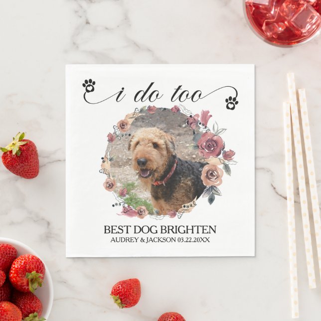 Pale Roses Frame Dog Photo Wedding Pappersservett (Insitu)