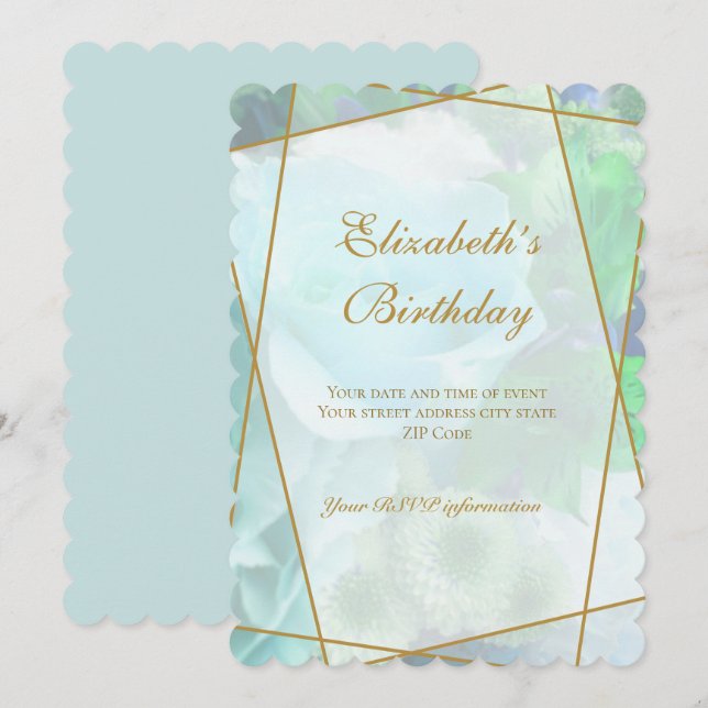 Pale Teal Rose Garden Birthday Invitation Card Tack Kort (Fram/baksida)