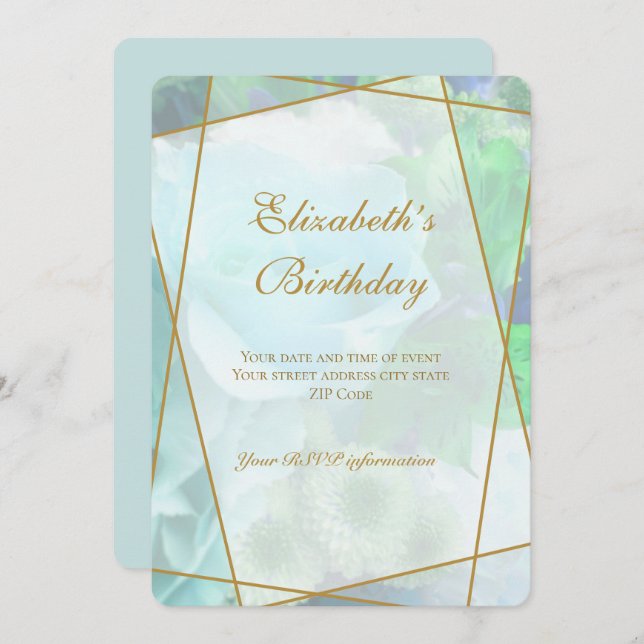 Pale Teal Rose Garden Birthday Invitation Card Tack Kort (Fram/baksida)