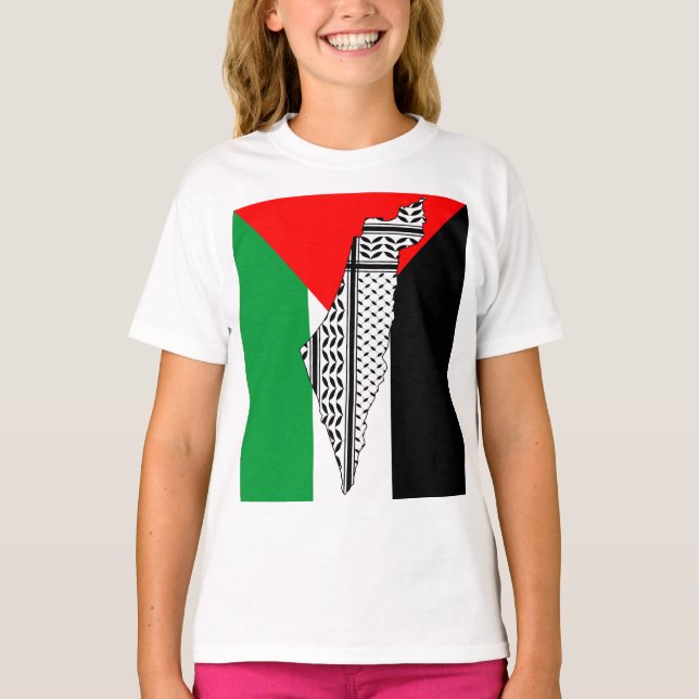 Palestina Flagga och Karta med Keffiyeg Mönster T Shirt (Framsida)