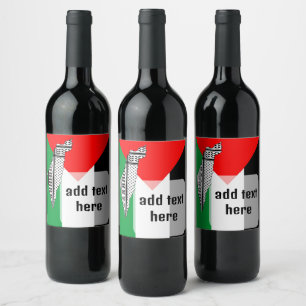 Palestina Flagga och Karta med Keffiyeg Mönster Vinflaska Etikett