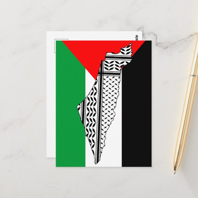 Palestina Flagga och Karta med Keffiyeh Mönster Vykort (Fram/Back In Situ)