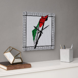 Palestina Karta, Flagga och Keffiyeg Mönster Fyrkantig Klocka