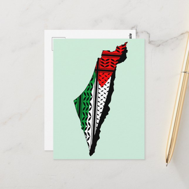 Palestina Karta, Flagga och Keffiyeg Mönster Vykort (Fram/Back In Situ)