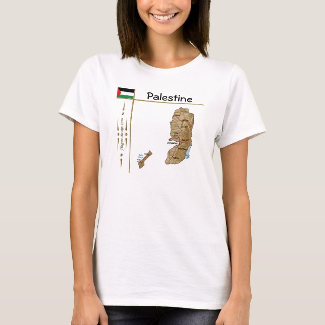 Palestina-karta + flagga + titel T-shirt (Framsida)