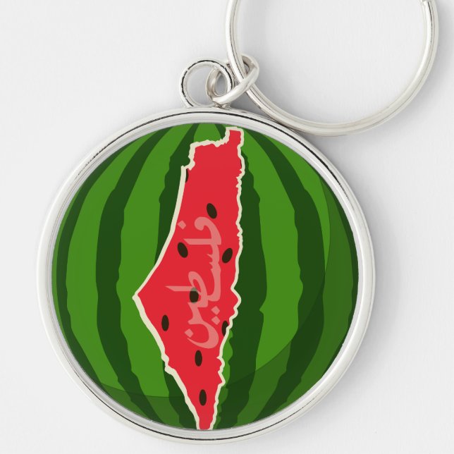 Palestina Watermelon Flagga Karta. Fria palestinie Rund Silverfärgad Nyckelring (Framsidan)