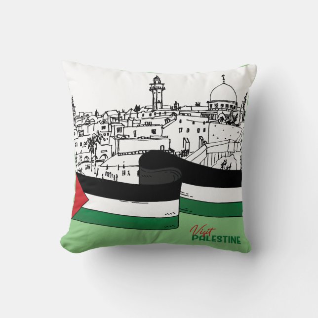 Palestinas flagga och gamla hus som dras för hand kudde (Framsida)