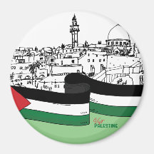Palestinas flagga och gamla hus som dras för hand